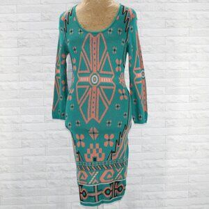 MIAMI Dress Sweater Bodycon Long Sleeve Knit Midi Southwestern Green Peach Small